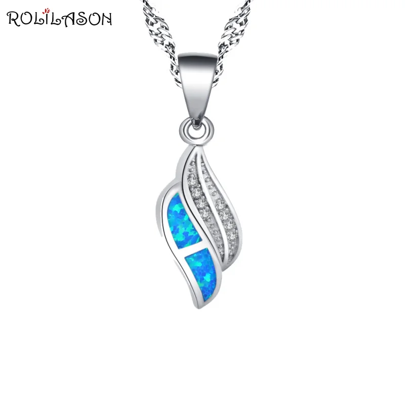 

ROLILASON classic leaf shape silver color blue opal necklace pendant fashion new OP856