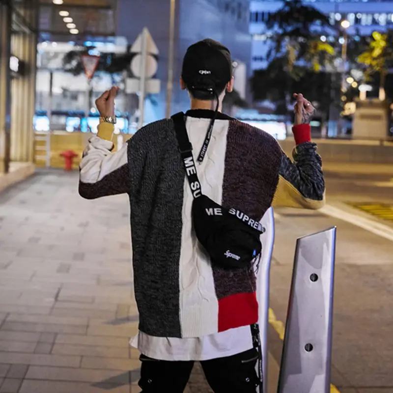 Мужской свитер и пуловер в стиле хип-хоп вязаный уличная одежда цветной блок