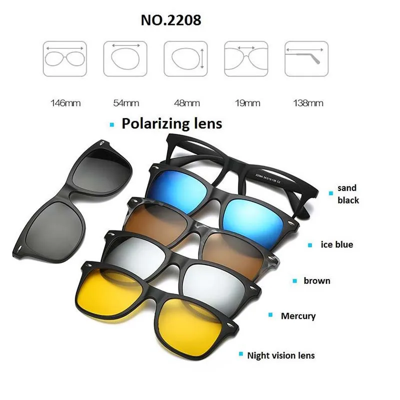 Retro 5+1 Polarized Myopia Clip Sunglasses Eyeglasses For Men Women Five Magnet Set Mirror 0 -1 -1.5 -2 -2.5 -3 -3.5 -4 -5 -6