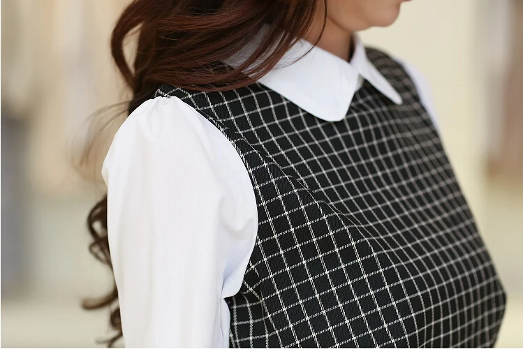 Краткое плед платье 2015 с отложным воротником осень платья женщины бесплатная