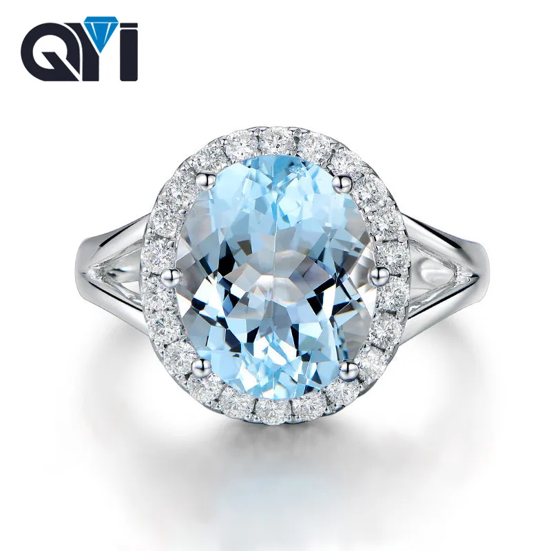 

QYI Oval Cut 3 ct Natural blue topaz rings 925 sterling silver Natural Gemstone Halo Engagement wedding Bands rings For Women