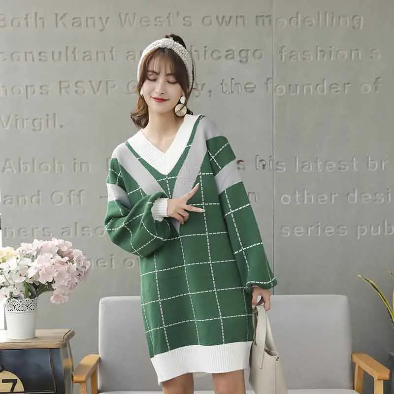 Loose Knitted Sweater V Neck Female 2018 Women Sweaters dress Pullovers Autumn Long Sleeve Jumper | Женская одежда