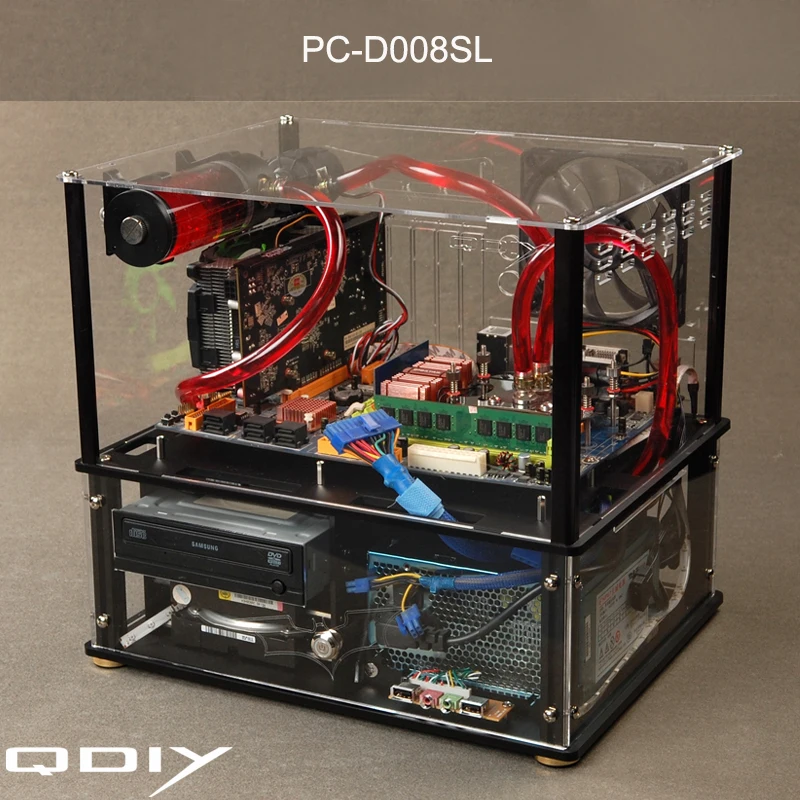 QDIY PC D008SL красочные горизонтальные E ATX прозрачный ПК с водяным охлаждением