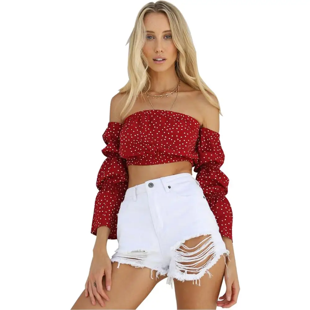 Шифоновая Сексуальная рубашка в горошек Frint Red Boho Женская короткая Топ на одно
