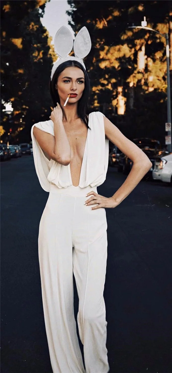New Arrival Luxury Sexy V-Neck Sleeveless Fashion White Women Rompers Night Party Jumpsuits