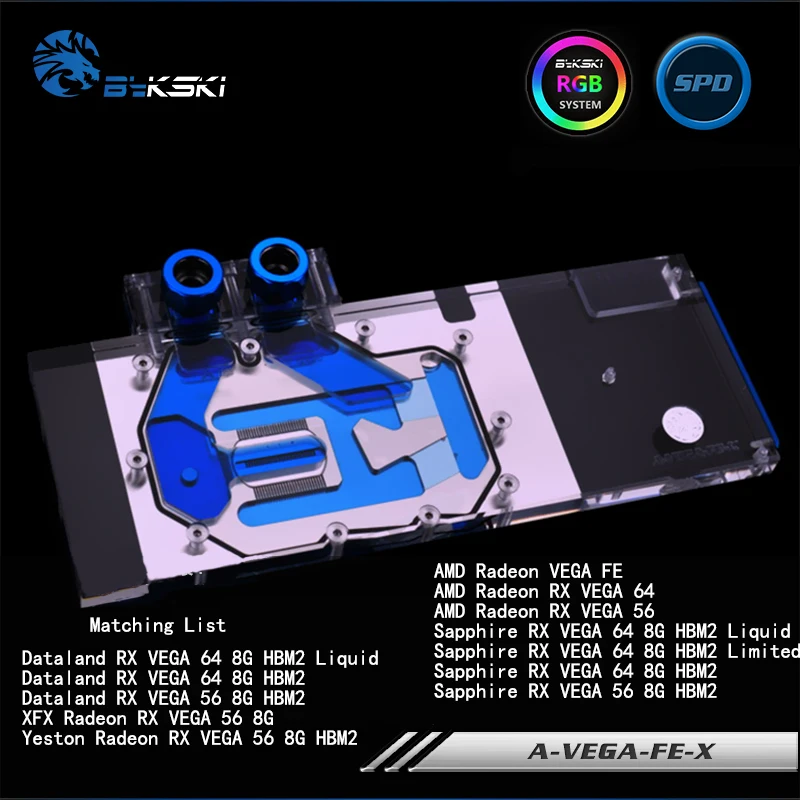 BYKSKI для видеокарты AMD/MSI/GIGABYTE/SAPPHIRE/XFX Radeon RX Vega 56/64. Полное покрытие GPU waterblock. P/N: A-VEGA-FE-X