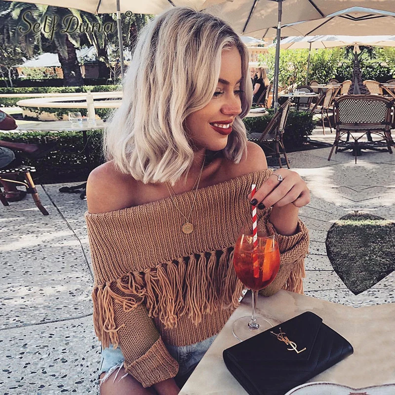 Self Duna 2018 Autumn Winter Off Shoulder Sweater Sexy Backless Jumper Women Pullover Tricot Slash Neck Tassel Knitted | Женская одежда