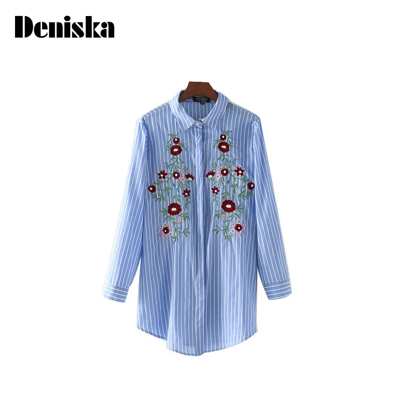 Дениска Для женщин Цветочный Вышивка рубашка в полоску с длинными рукавами и