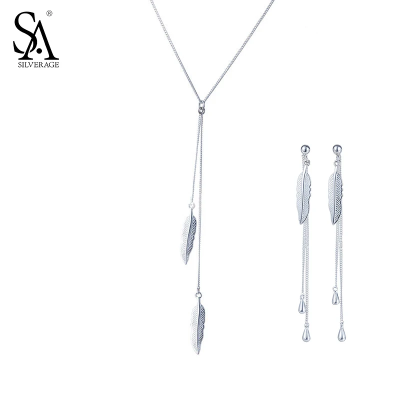 

SA SILVERAGE 925 Sterling Silver Feather Jewelry Sets for Women Necklaces Pendants Drop Dangle Earrings Fine Jewelry 2018 Hot