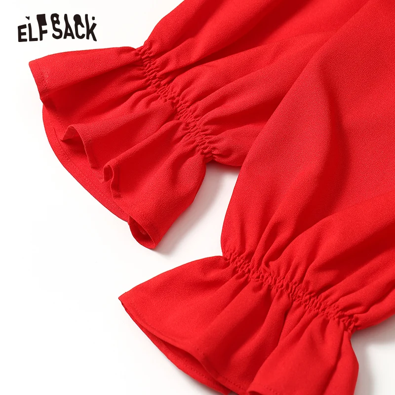 Женская блузка ELFSACK однотонная с бантом треугольным вырезом и рукавом-бабочкой |