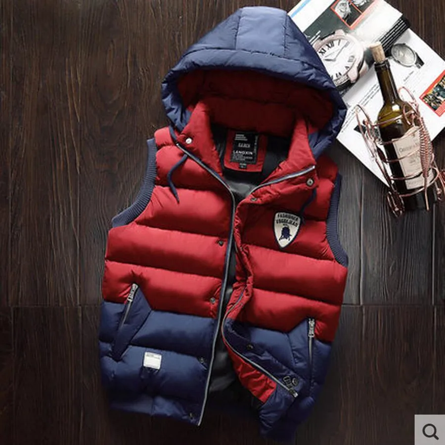 Мужской жилет без рукавов хлопковая Верхняя одежда со съемным капюшоном зимние