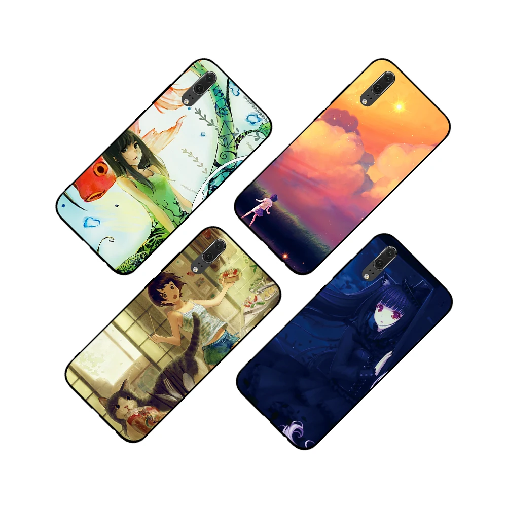 Черный и белый художественный анимационный мягкий чехол для Huawei Y6 Y7 Y9 Prime 2017 2018 2019