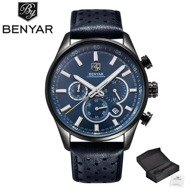 blue BENYAR модные Хронограф Спортивные мужские наручные часы с кожаным ремешком лучший бренд роскошная мужская одежда для бизнеса военные кварцевые часы Relogio Masculino - Цвет: blue