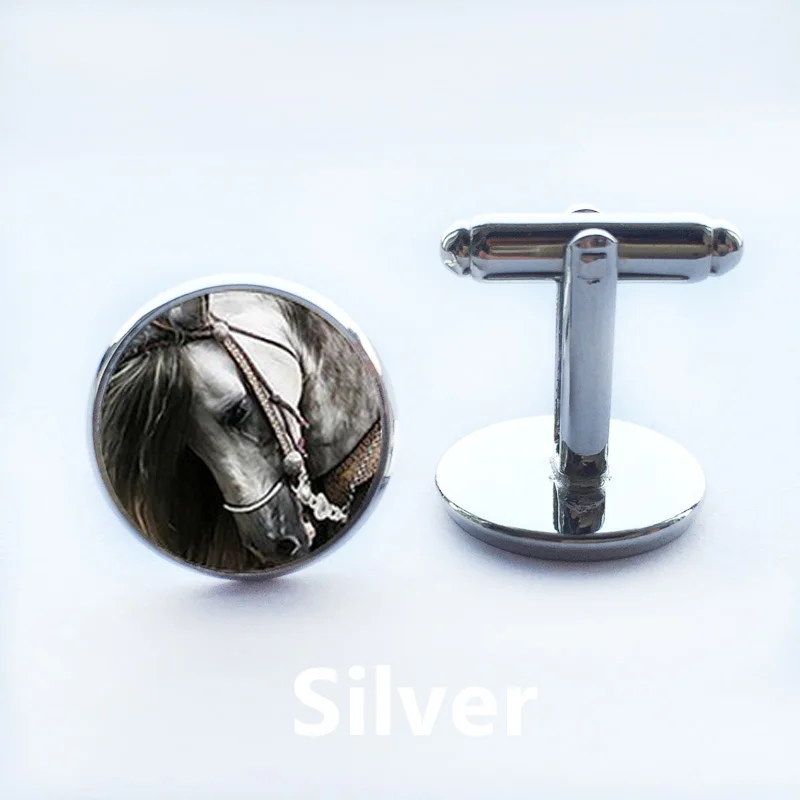 2015 Fashion Men's Gift Jewelry Cuff Links White Golden Plated Link Round Animal Horse Pattern Designer Brand Cufflinks Men | Украшения