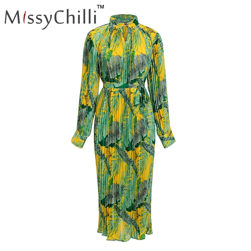 Yellow and green MissyChilli Плиссированное Платье макси с длинным рукавом женское свободное Бохо праздничное пляжное длинное платье Летнее сексуальное элегантное платье vestido - Цвет: Yellow and green