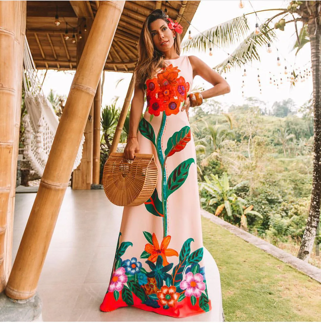 Sexy O Neck Bohemian Maxi Dresses for Women Long Casual Summer Beach Printing Sleeveless Vestidos | Женская одежда
