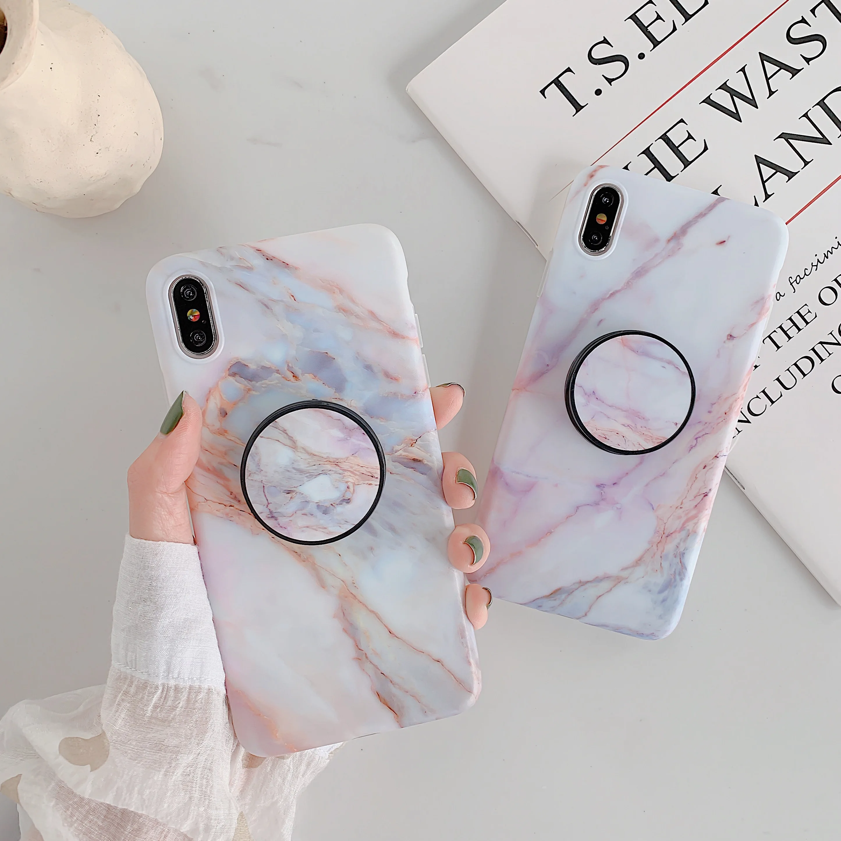 Glossy White Crimson Marble Kickstand Stand Ring Holder Phone Case for iPhone XS Max XR X 6 6s 7 8 10 Plus i8P Back Cover Funda |
