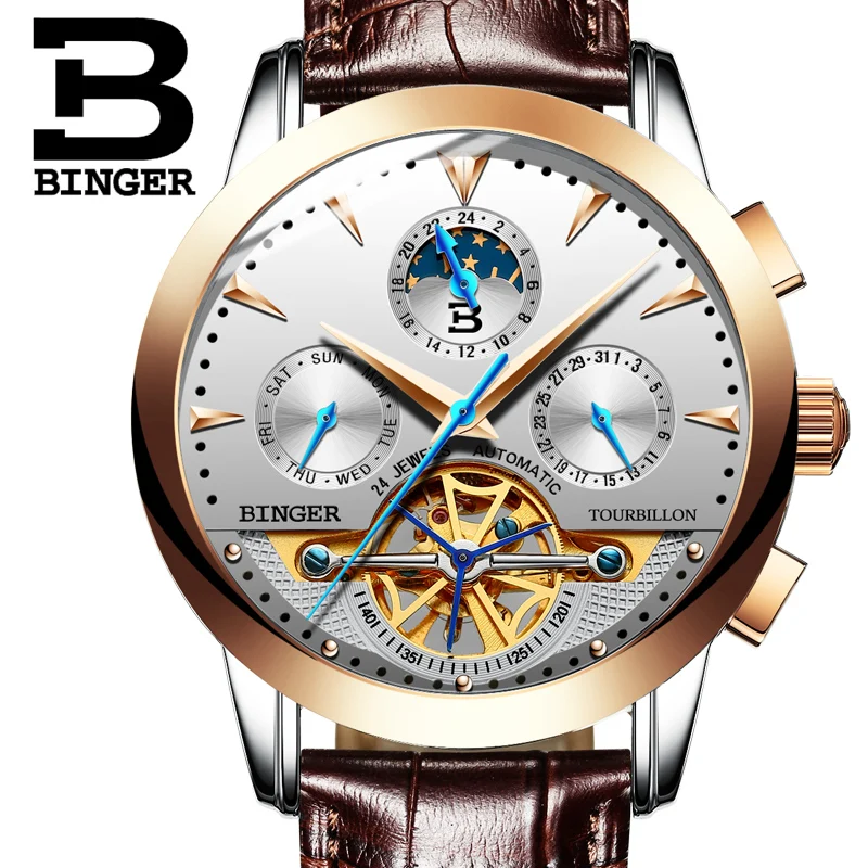 

Switzerland BINGER Luxury Mechanical Watches self wind Tourbillon Automatic Watch Men 24 hours Calendar Sapphire Skeleton watch