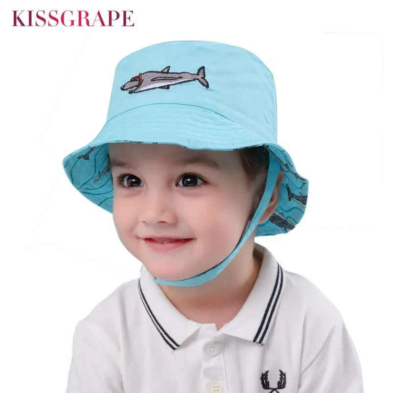 

Reversible Cartoon Shark Cotton Butcket Hats for Boys Summer Baby Boys Sports Beach Hat Kids Blue Travel Caps Sun Hats 1-4Y