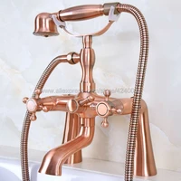 red copper deck mounted antique bathtub faucet dual handles mixer tap with hand shower kna159