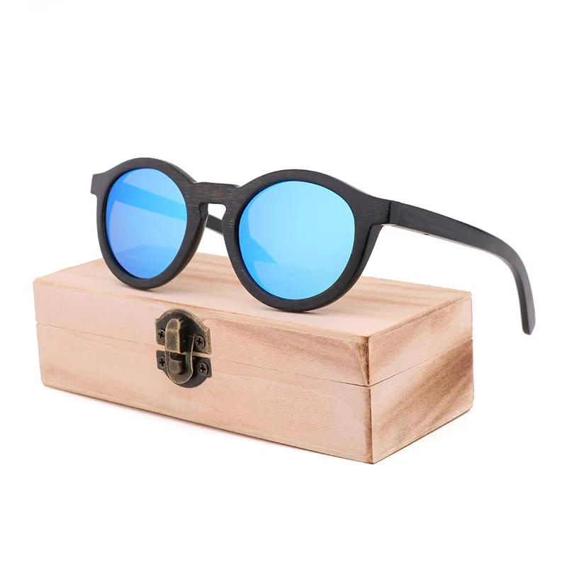 Ice blue Wood Box Новые чисто ручной работы бамбуковые черные оправы без оправы очки Ретро Модный тренд круглые мужские и женские солнцезащитные очки - Цвет линз: Ice blue Wood Box