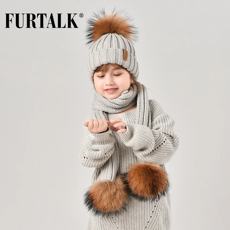 FURTALK Зимняя Детская Шапка и Шарф Мех Енота Помпон Шапка для Девочки Вязяние Шапки для Мальчиков HTWL029