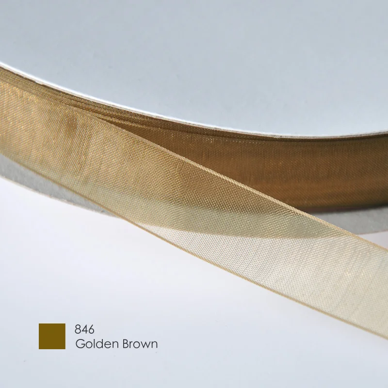 golden brown 846 Яма 3 мм 1/8 дюймов сплошной цвет прозрачная органза шелковая лента зеленый желтый коричневый для упаковки подарков Свадебные украшения 800 ярдов/партия - Цвет: golden brown 846