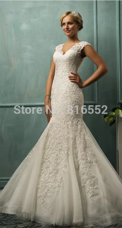 New Illusion Backless V Neck Cap Sleeve Mermaid Wedding Dresses 2014 Tulle Lace Appliques Chapel train Vestido De Noiva W40 | Свадьбы и