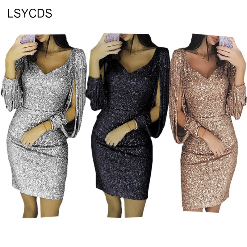 Женское короткое платье с блестками LSYCDS облегающее рукавом фонарик кисточкой и
