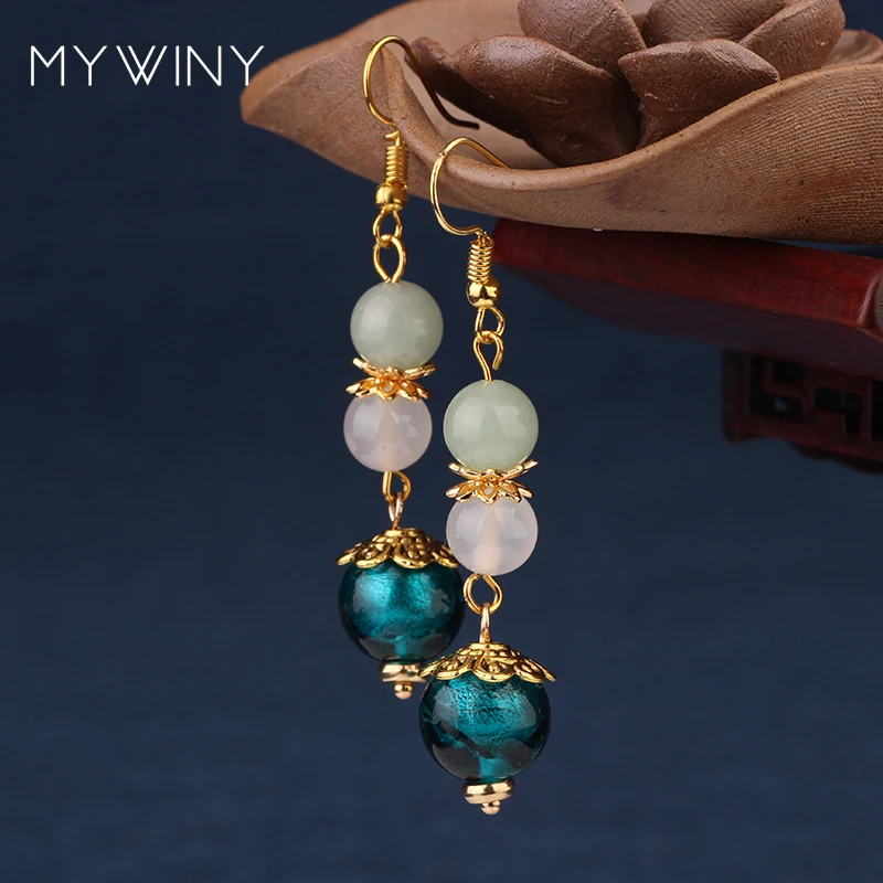 MYWINY природа камни Висячие этнические блестящие серьги из авантюрина винтажная