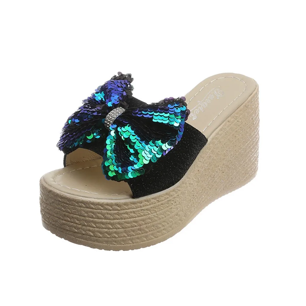 Новинка 2019 года сезон весна-лето женские блестящие шлепанцы с бантом босоножки