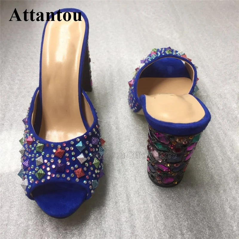 

Colorful Rivet Bling Crystal High Heel Slippers Women New Peep Toe Rhinestone High Heel Mules For Lady Diamond Slides Sandals