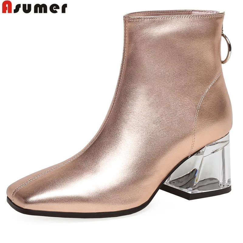 

ASUMER 2020 new genuine leather boots square toe zip ankle boots women high heels shoes ladies autumn winter boots