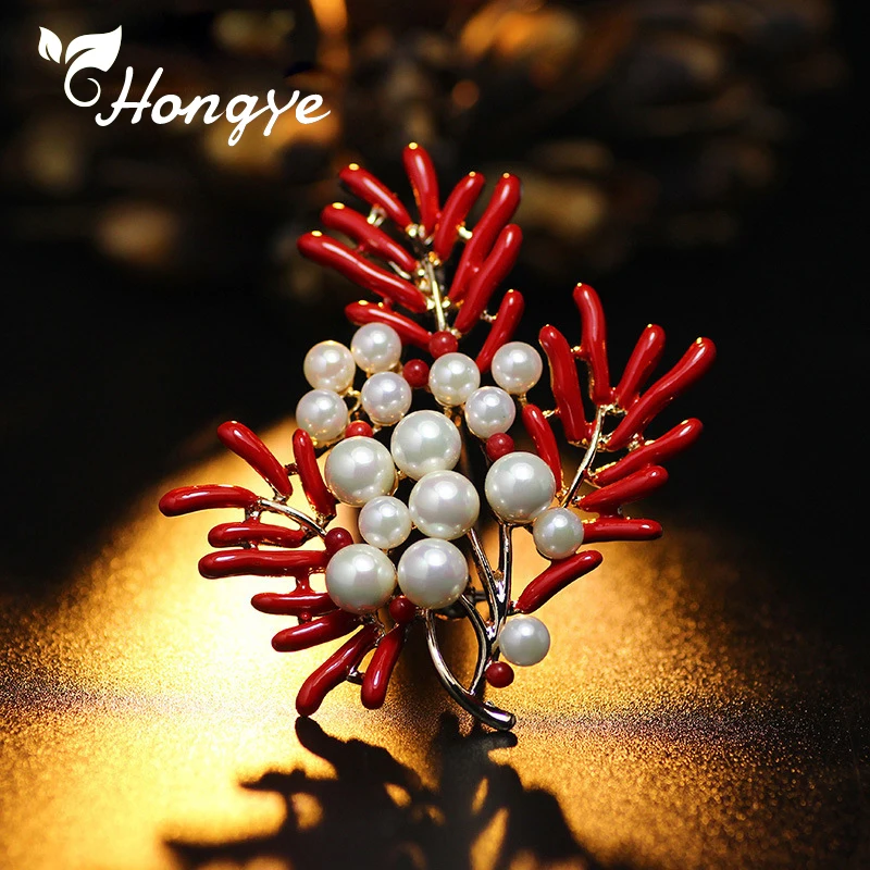 Женская Брошь В Виде Цветка Hongye красного кораллового цвета с натуральным