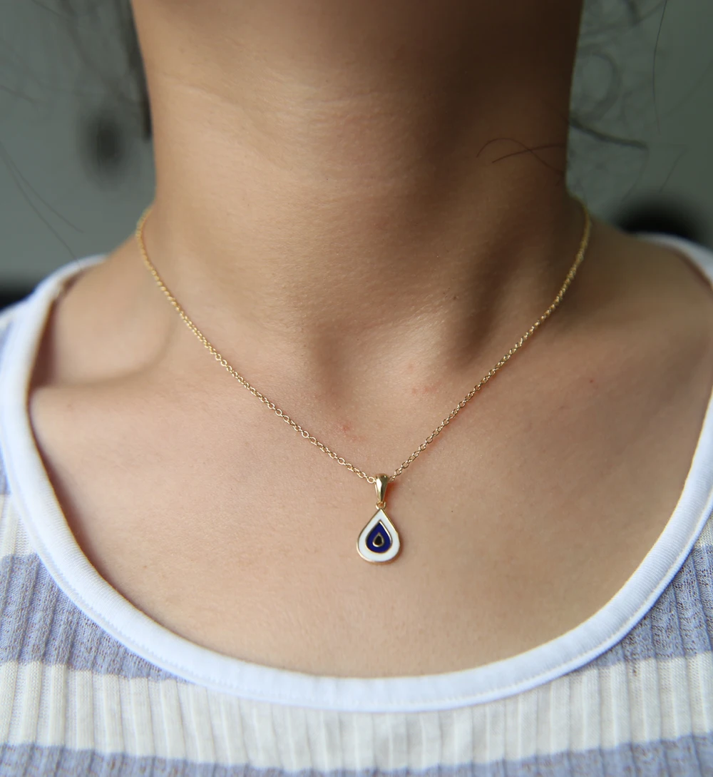 Sterling silver color Necklace Women Fashion Collier Cute Tiny blue enamel drop eye Pendant For Girls Lady Gifts | Украшения и