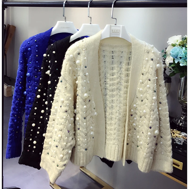 2018 Vintage Full Beading Pearls Twist Knitting Cardigans Short Long Sleeve Cashmere Sweater Women's Fall Spring Cardigan Coat |