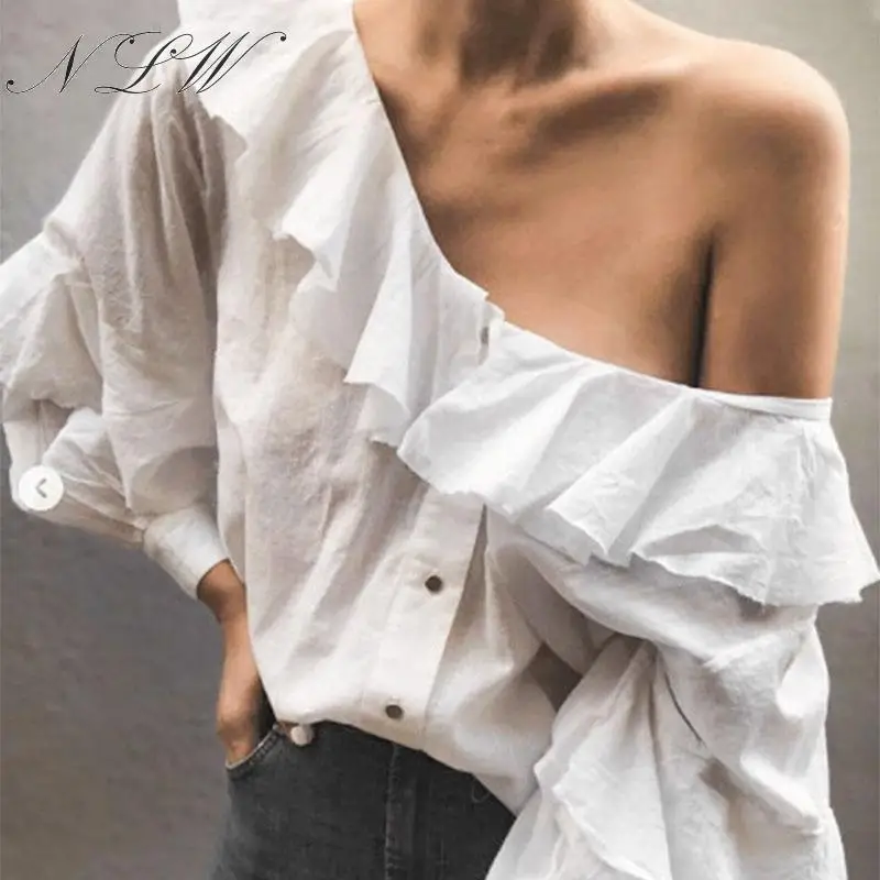 NLW женские блузки с длинными рукавами Топы белые осенние зимние Блузы рюшами