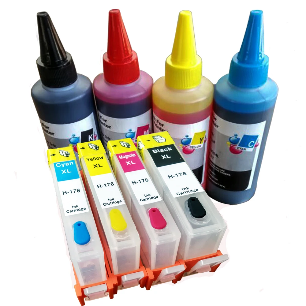 

4pcs Color hp 178 refillable cartridge + 400ML Dye ink for Compatible HP 5510 5520 6510 6520 7510 7520 e-All-in-One Printer