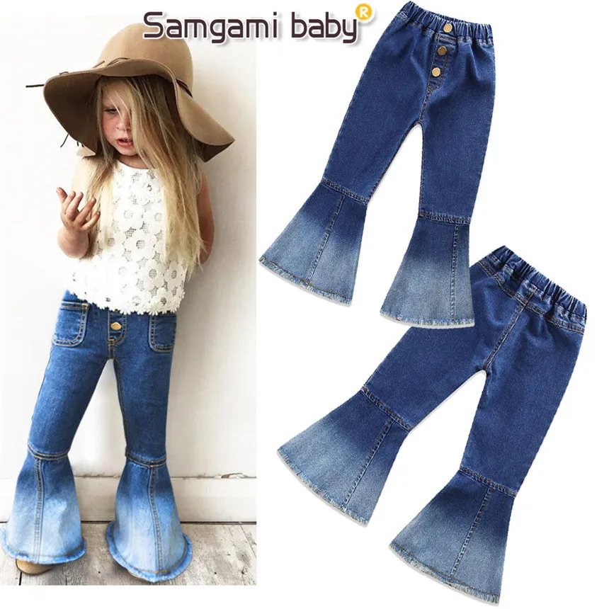 Samgami Baby Детские брюки для девочек, одежда Новинка уличный стиль рок-звезды шить ковбойские длинные штаны детские расклешенные Повседневные джинсы размер От 2 до 6 лет