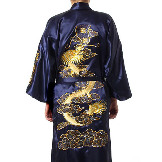 Traditional Embroidery Dragon Kimono Yukata Bath Gown Navy Blue Chinese Men Silk Satin Robe Casual Male Home Wear Nightgown | Мужская