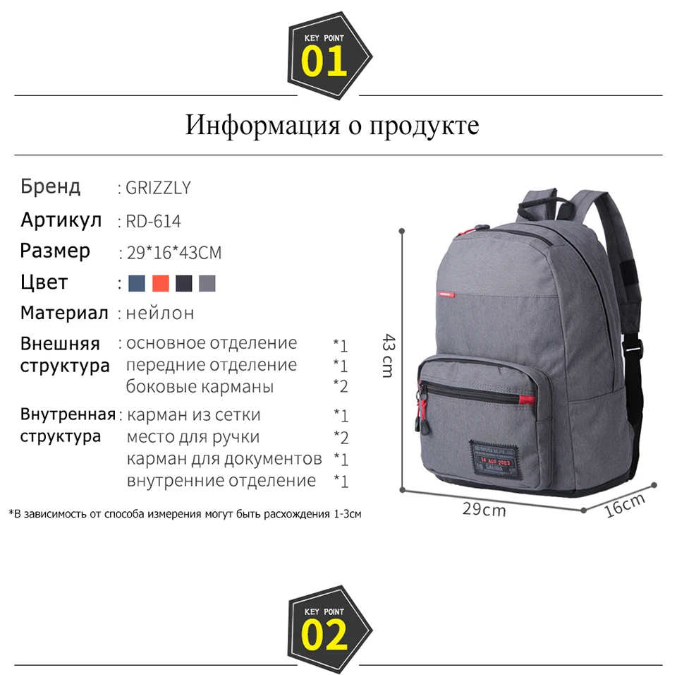 GRIZZLY мужской холщовый рюкзак Рюкзаки повседневные Mochila многофункциональный большой емкости школьные ранцы дорожные сумки для мальчиков