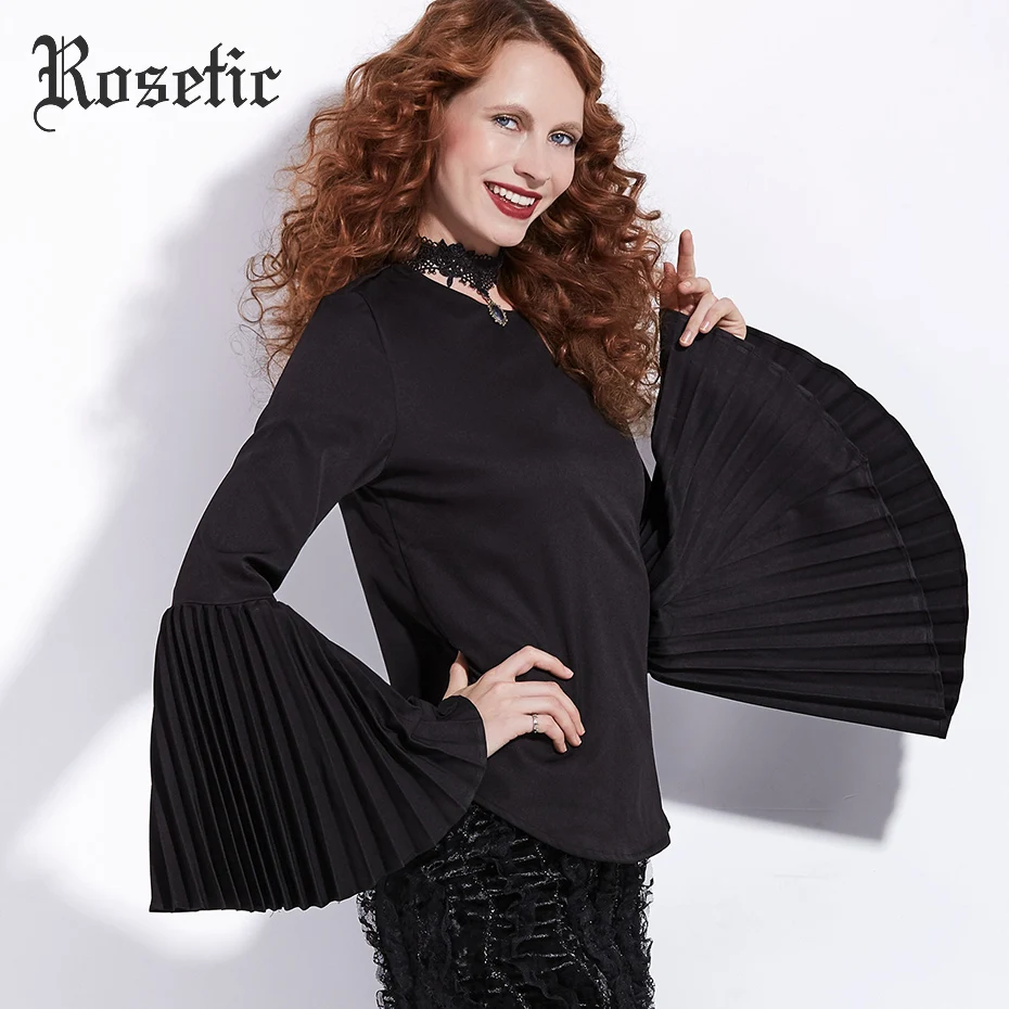 Rosetic, Готическая блузка, осенняя, черная, с расклешенными рукавами, с круглым вырезом, прямая, в готическом стиле, модные женские рубашки, тонкие, уличные топы, темная готика, блузки