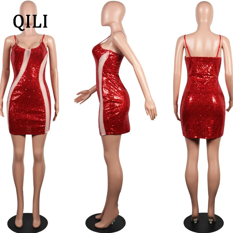 QILI 2019 новое популярное женское платье с блестками Сетчатое лоскутное короткое