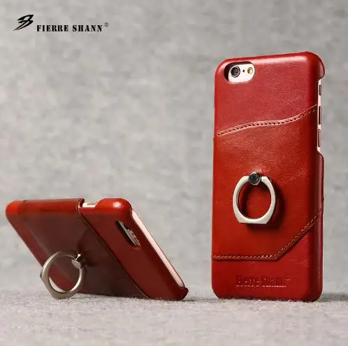 Fierre Shann QS Luxury Genuine Leather Cover Metal Finger Ring Back Coque for iPhone 6 6S 7 Plus Case Capa | Мобильные телефоны и