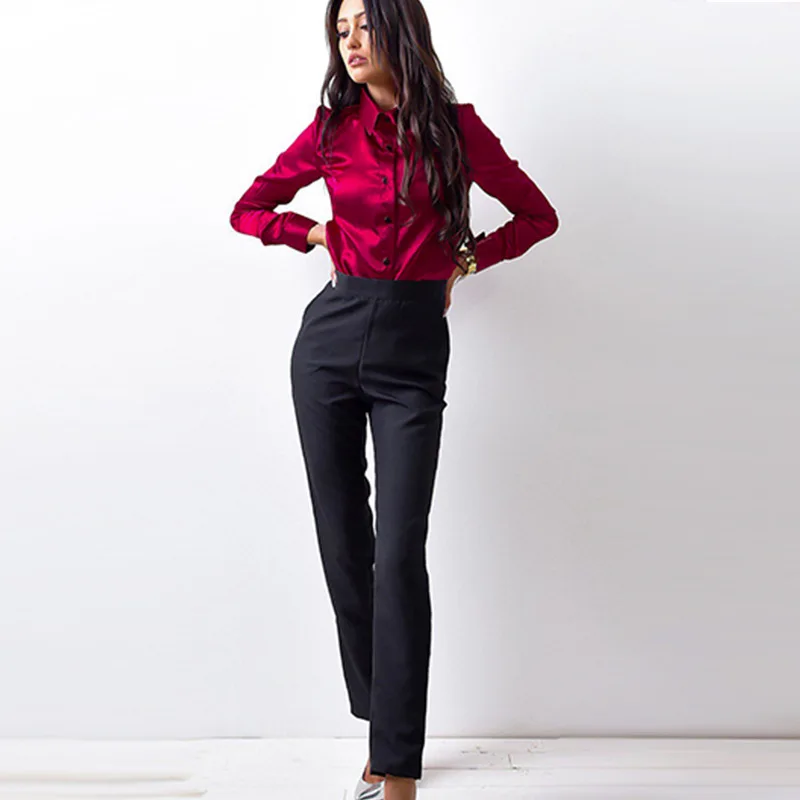 Blusa женская блузка элегантная бордовая Красная Зеленая атласная рубашка отложной воротник длинный рукав женская официальная офисная OL Блузка женские топы