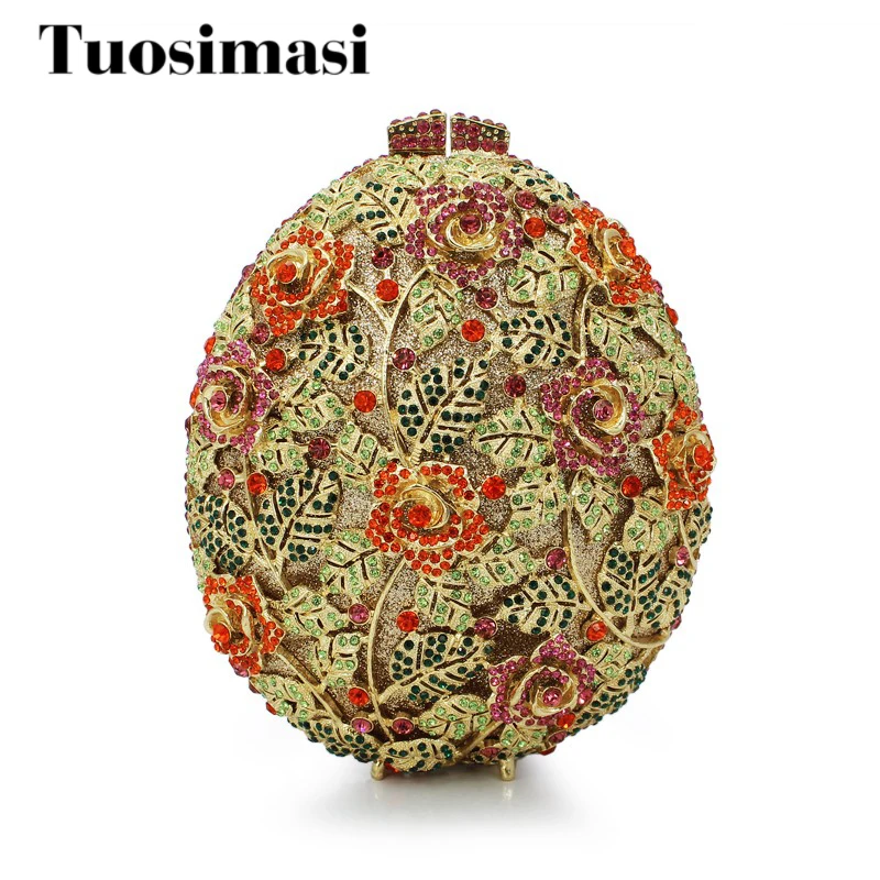 

newest lastest oval shape rose pattern diamond crystal clutch ladies evening bags (88168A-GO)
