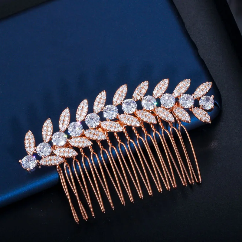 Rose Gold CWWZircons Luxury White Gold Color Shiny Cubic Zirconia Stone Leaf Bridal Wedding Hair Combs Pins Jewelry Accessories A011 - Окраска металла: Rose Gold