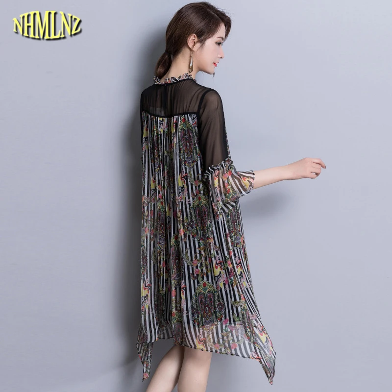 Women Summer Print Dress Korean style Three Quarter sleeves Chiffon Vestidos New Female Loose Vestido Party Dresses WKM807 | Женская