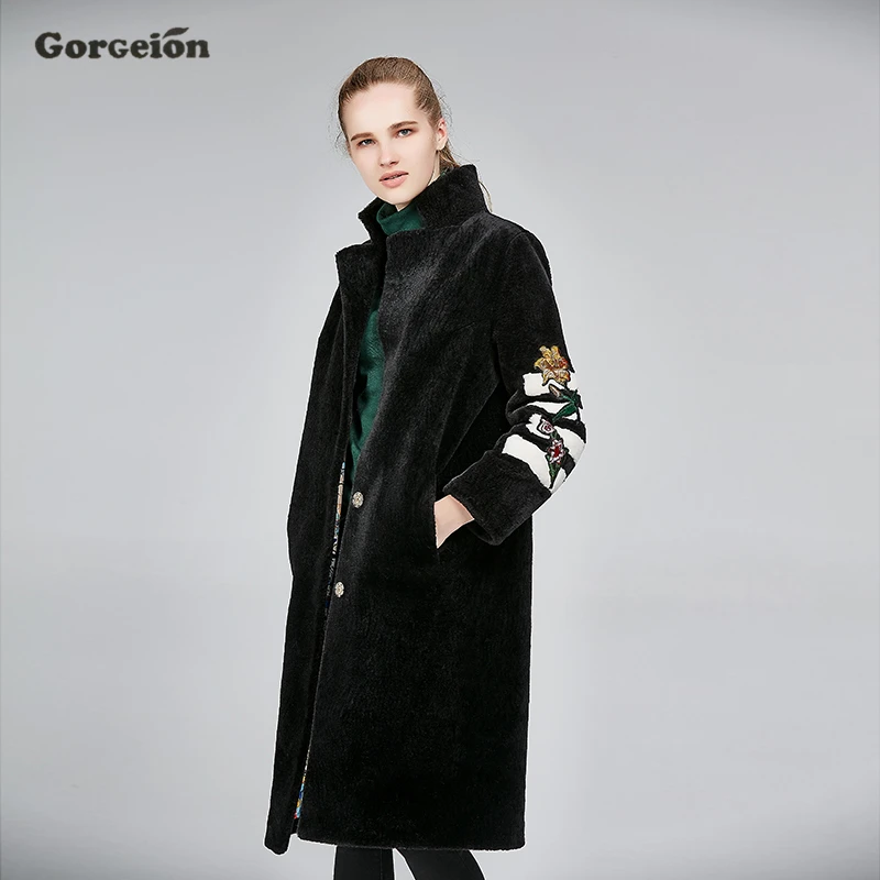 Gorgeion Мех животных зимнее пальто стекаются зима девять четверти рукав Вышивка