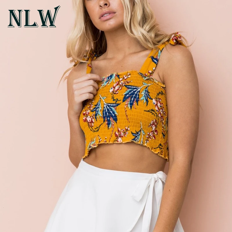 NLW желтый Цветочный принт укороченный топ Для женщин рубашки без рукавов шифон Boho